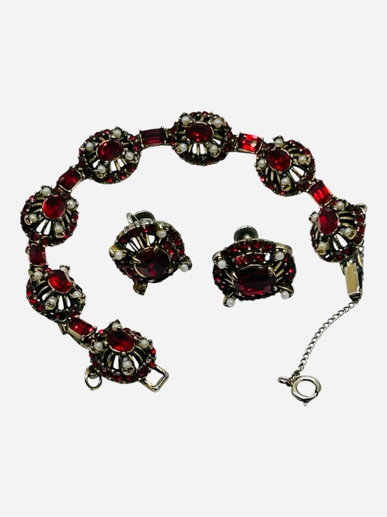 Hollycraft Jewelry - Vintage Hollycraft Red Rhinestone and Faux Pearl Bracelet and Earring Set